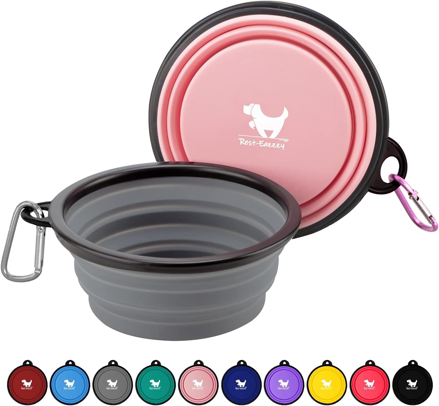 Collapsible Travel Dog Bowls - 2-Pack Portable Feeding & Watering Dishes for Pets with Carabiners (BPA Free, Grey & Pink, Medium)