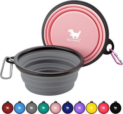 Collapsible Travel Dog Bowls - 2-Pack Portable Feeding & Watering Dishes for Pets with Carabiners (BPA Free, Grey & Pink, Medium)