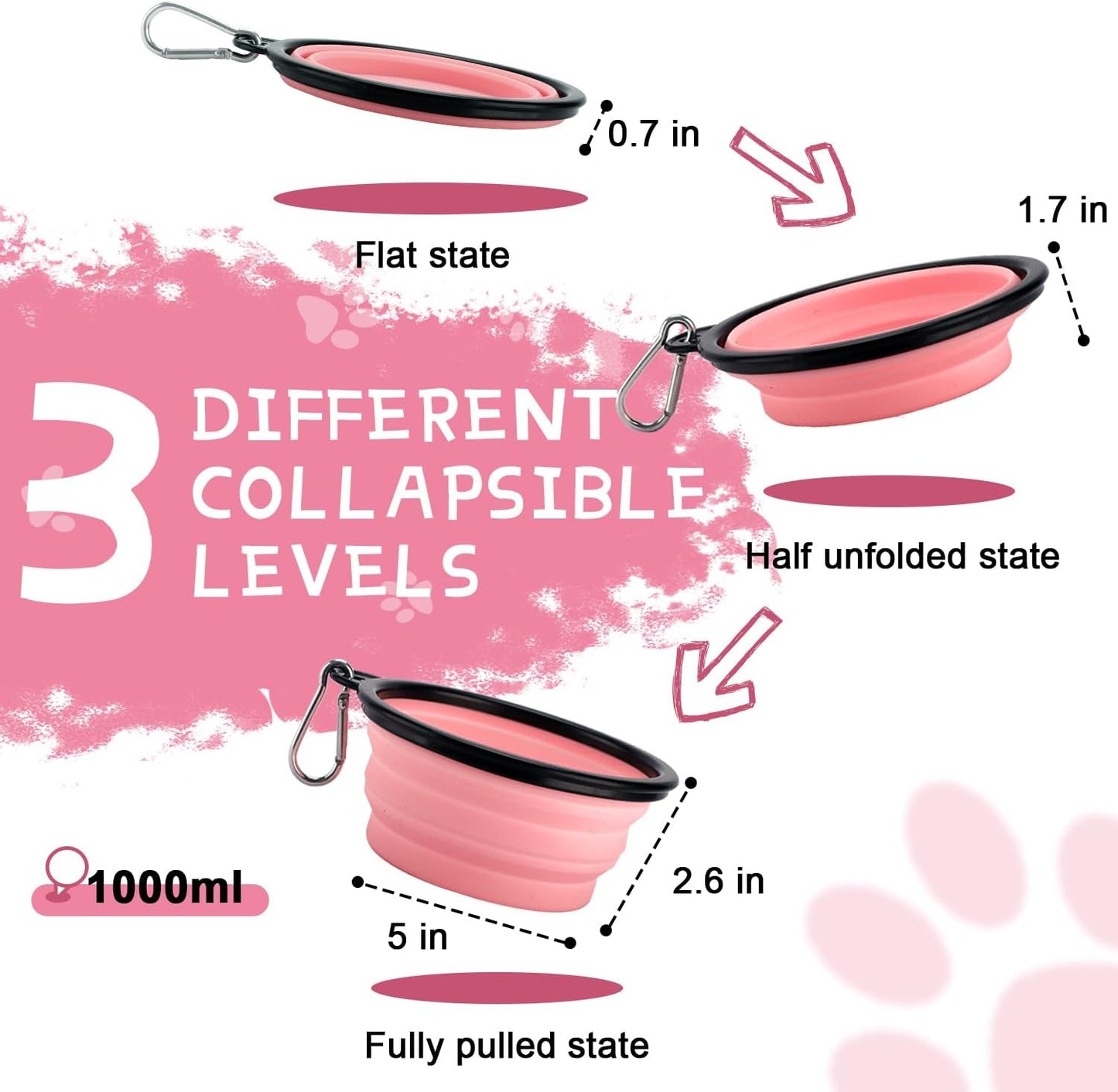 Collapsible Travel Dog Bowls - 2-Pack Portable Feeding & Watering Dishes for Pets with Carabiners (BPA Free, Grey & Pink, Medium)