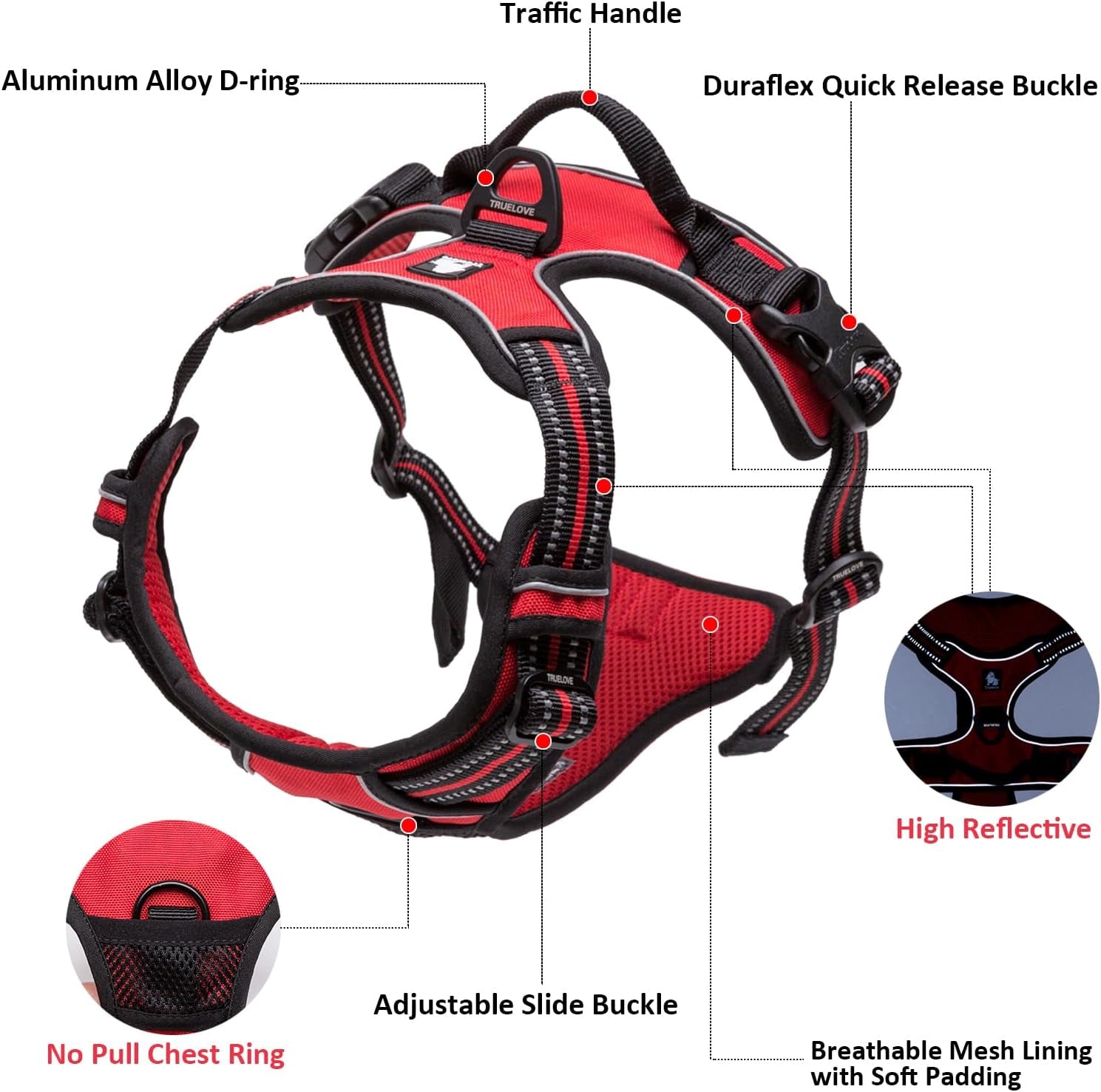 Adjustable No-Pull Reflective Dog Harness - Comfortable Control in Vibrant Colors (Truelove TLH5651, Gray, Large)