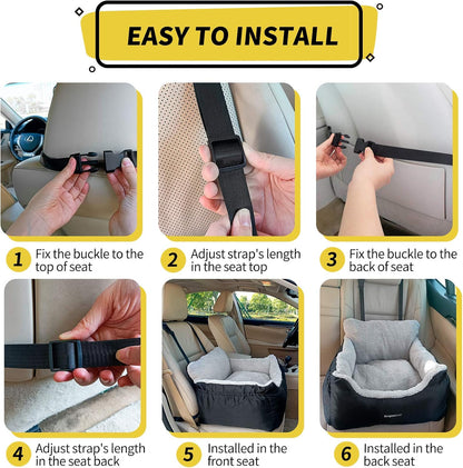 Dog Car Seat for Small Dogs, Soft Pet Car Travel Home Bed under 25 Lbs, Fully Detachable and Washable Cat Booster Carseats with Storage Pockets and Clip-On Leash Portable Carrier,Black
